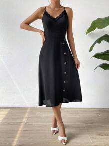 SHEIN LUNE 蕾絲邊紐扣細節吊帶洋裝 - 黑色 - 查看 5