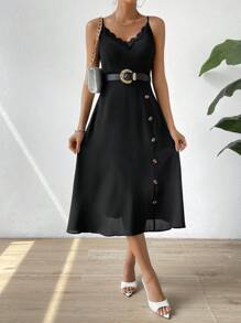 SHEIN LUNE 蕾絲邊紐扣細節吊帶洋裝 - 黑色 - 查看 6