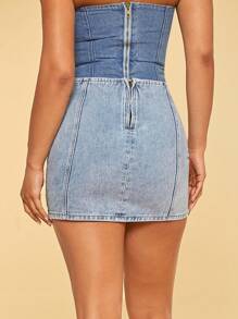 SHEIN BAE 素色後拉鏈牛仔半身裙 - 淺色水洗藍 - 查看 2