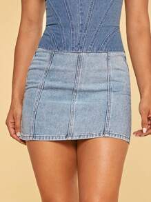 SHEIN BAE 素色後拉鏈牛仔半身裙 - 淺色水洗藍 - 查看 4