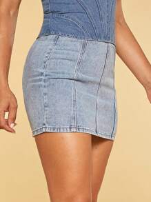 SHEIN BAE 素色後拉鏈牛仔半身裙 - 淺色水洗藍 - 查看 6