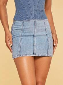 SHEIN BAE 素色後拉鏈牛仔半身裙 - 淺色水洗藍 - 查看 8