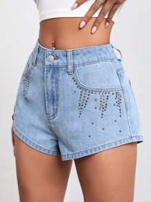 SHEIN ICON 水鑽細節牛仔短褲 - 淺色水洗藍 - 查看 5
