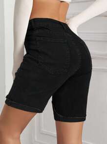 Ripped Roll Up Hem Denim Shorts - Black - View 2