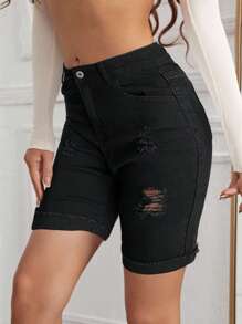 Ripped Roll Up Hem Denim Shorts - Black - View 3