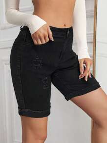 Ripped Roll Up Hem Denim Shorts - Black - View 5