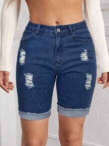 破洞卷邊牛仔短褲 - 深色水洗藍 - 查看 1