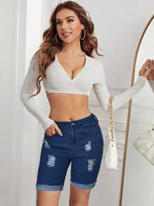 破洞卷邊牛仔短褲 - 深色水洗藍 - 查看 4