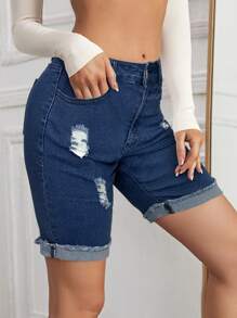 破洞卷邊牛仔短褲 - 深色水洗藍 - 查看 5