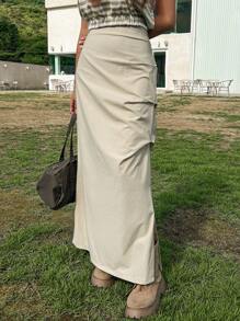 DAZY 純色褶皺分裂擺裙 - 卡其色 - 查看 11