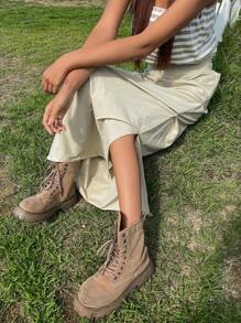 DAZY 純色褶皺分裂擺裙 - 卡其色 - 查看 6