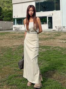 DAZY 純色褶皺分裂擺裙 - 卡其色 - 查看 4