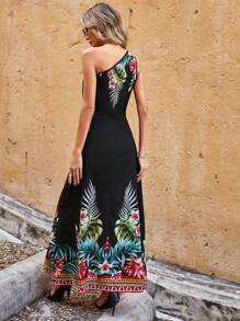RueChic Tropical Print One Shoulder Dress - Black - View 5