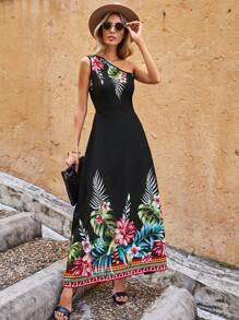 RueChic Tropical Print One Shoulder Dress - Black - View 1