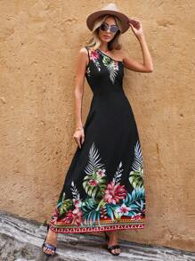RueChic Tropical Print One Shoulder Dress - Black - View 4