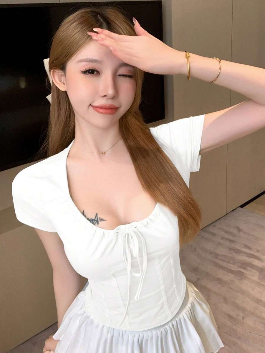 DAZY Solid Tie Front Crop Tee - White - View 1