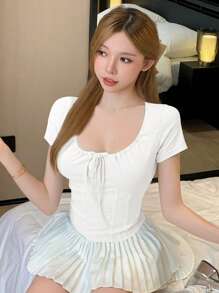 DAZY Solid Tie Front Crop Tee - White - View 4