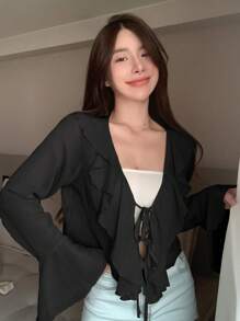 DAZY 素色荷葉邊前繫帶襯衫 - 黑色 - 查看 1