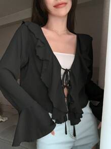 DAZY 素色荷葉邊前繫帶襯衫 - 黑色 - 查看 2
