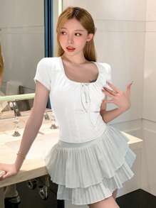 DAZY Solid Tie Front Crop Tee - White - View 6
