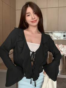 DAZY 素色荷葉邊前繫帶襯衫 - 黑色 - 查看 4