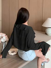 DAZY 素色荷葉邊前繫帶襯衫 - 黑色 - 查看 5