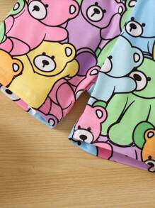 SHEIN Young Girl Cartoon Graphic Tee & Shorts - Multicolor - View 3