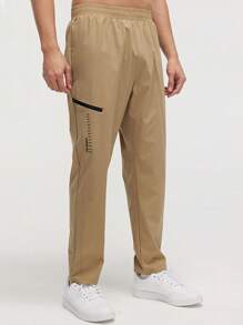 SHEIN Daily&Casual Nam Đồ họa Chữ cái Túi Zip Bên Quần thể thao - Màu Khaki - Xem 1