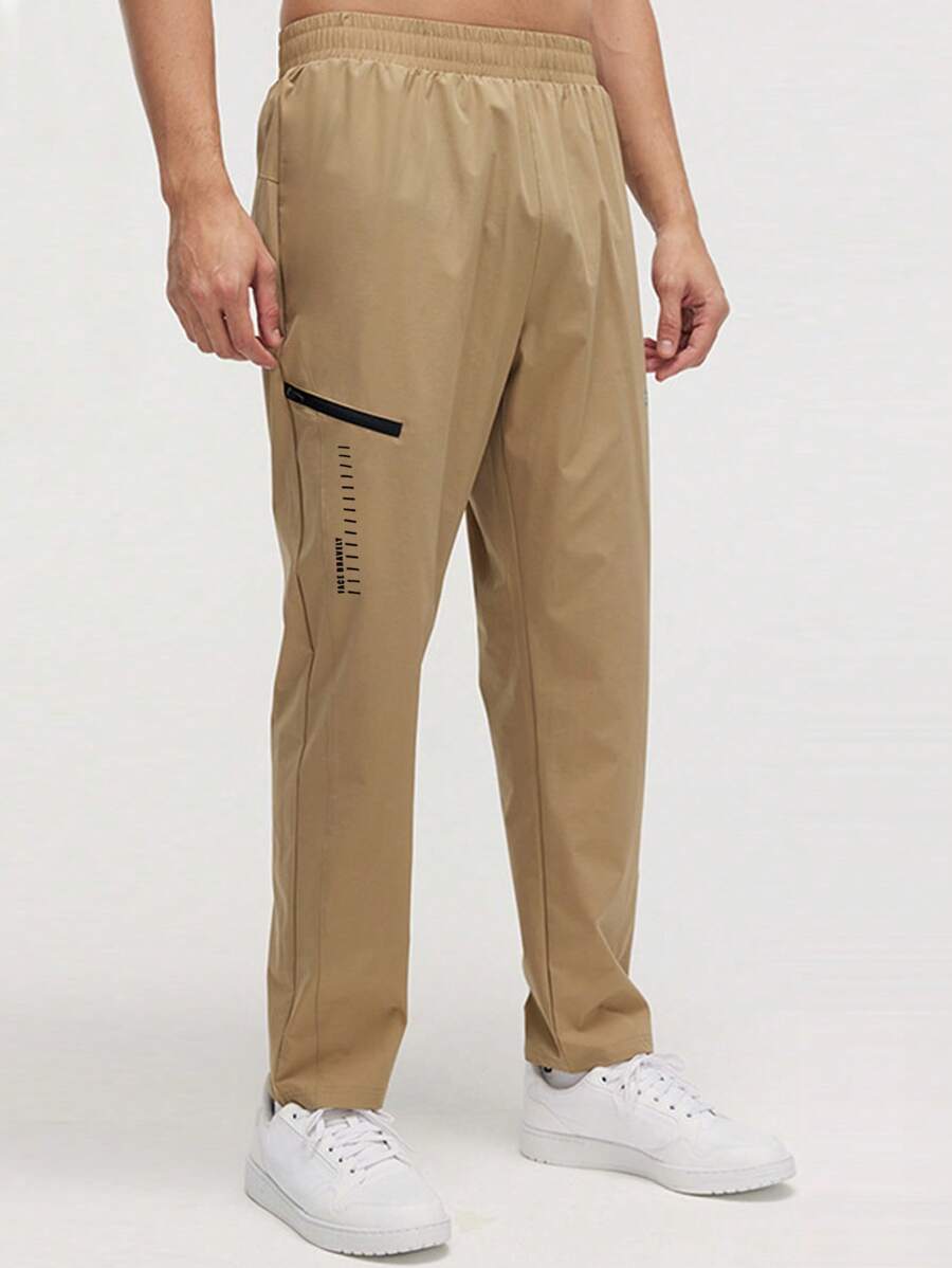 SHEIN Daily&Casual Nam Đồ họa Chữ cái Túi Zip Bên Quần thể thao - Màu Khaki - Xem 1