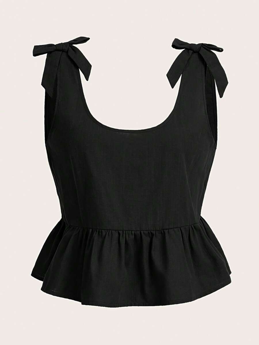 SHEIN Qutie 素色肩部蝴蝶結荷葉邊下擺背心 - 黑色 - 查看 1
