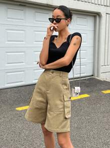 SHEIN Flap Pocket Side Cargo Shorts - Khaki - View 8