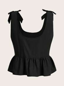 SHEIN Qutie 素色肩部蝴蝶結荷葉邊下擺背心 - 黑色 - 查看 2
