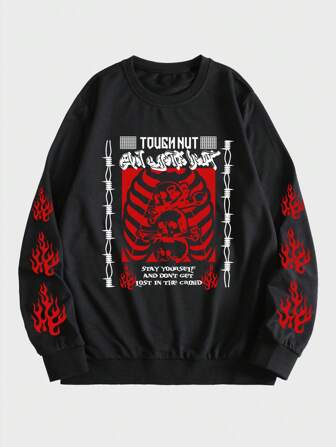 Grunge Punk Guys Slogan & Skeleton Print Pullover