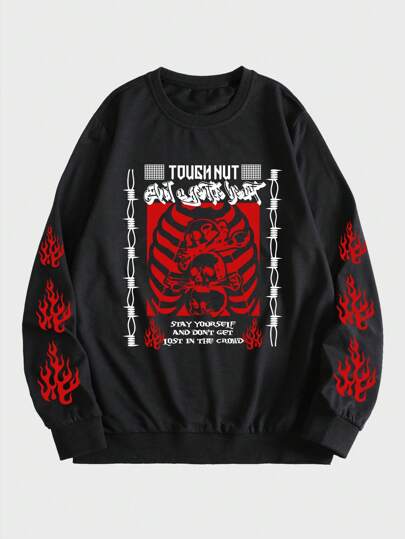 Grunge Punk Guys Slogan & Skeleton Print Pullover