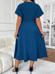 Celure Talla grande Vestido de manga mariposa fruncido delantero - Azul - Ver 2