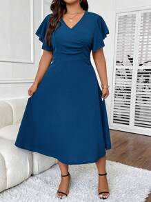 Celure Talla grande Vestido de manga mariposa fruncido delantero - Azul - Ver 3