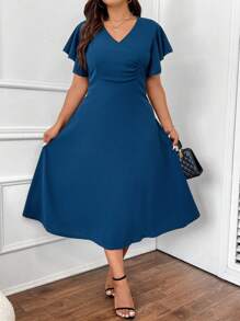 Celure Talla grande Vestido de manga mariposa fruncido delantero - Azul - Ver 4