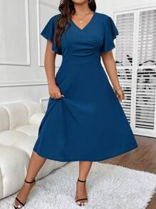 Celure Talla grande Vestido de manga mariposa fruncido delantero - Azul - Ver 5