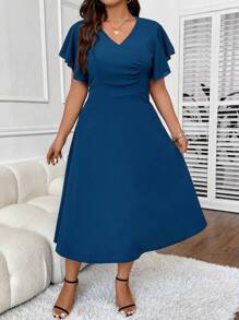 Celure Talla grande Vestido de manga mariposa fruncido delantero - Azul - Ver 6