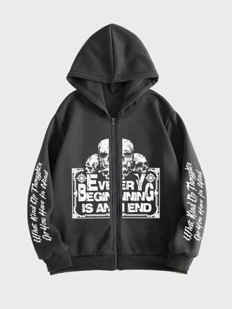 Goth Hombres Capucha con slogan & estampado de cráneo con cremallera con forro térmico