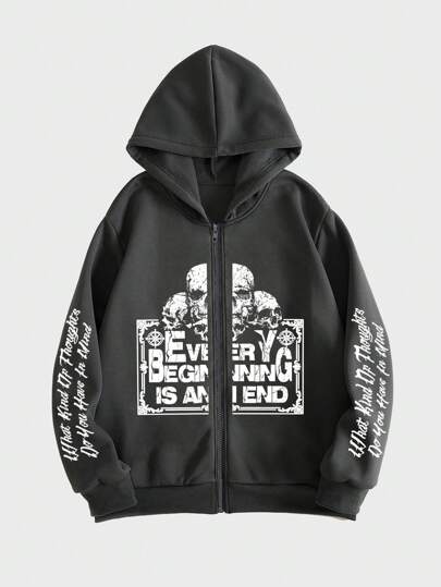 Goth Männer Hoodie mit Buchstaben & Schädel Muster, Reißverschluss, Thermal Futter,
