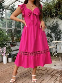 SHEIN Clasi 大碼前繫帶荷葉邊荷葉邊連衣裙 - 玫紅色 - 查看 3