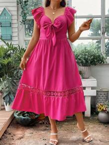 SHEIN Clasi 大碼前繫帶荷葉邊荷葉邊連衣裙 - 玫紅色 - 查看 6