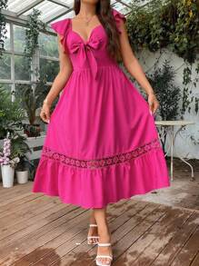 SHEIN Clasi 大碼前繫帶荷葉邊荷葉邊連衣裙 - 玫紅色 - 查看 7