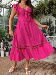 SHEIN Clasi 大碼前繫帶荷葉邊荷葉邊連衣裙 - 玫紅色 - 查看 8