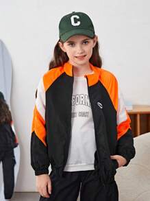 SHEIN 女大童字母貼布撞色拉鏈開襟防風夾克 - 彩色 - 查看 1
