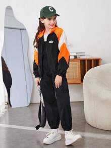 SHEIN 女大童字母貼布撞色拉鏈開襟防風夾克 - 彩色 - 查看 5