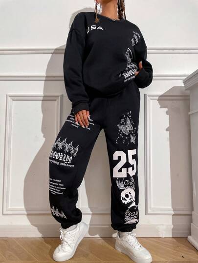 SHEIN Unity Slogan Graphic Drop Shoulder Sweatshirt & Joggers