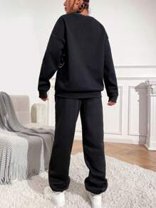 SHEIN Unity Slogan Graphic Drop Shoulder Sweatshirt & Joggers - Black - View 2