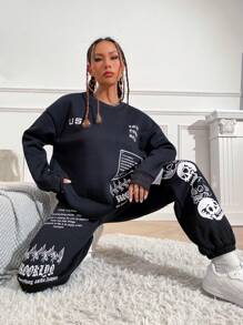 SHEIN Unity Slogan Graphic Drop Shoulder Sweatshirt & Joggers - Black - View 3